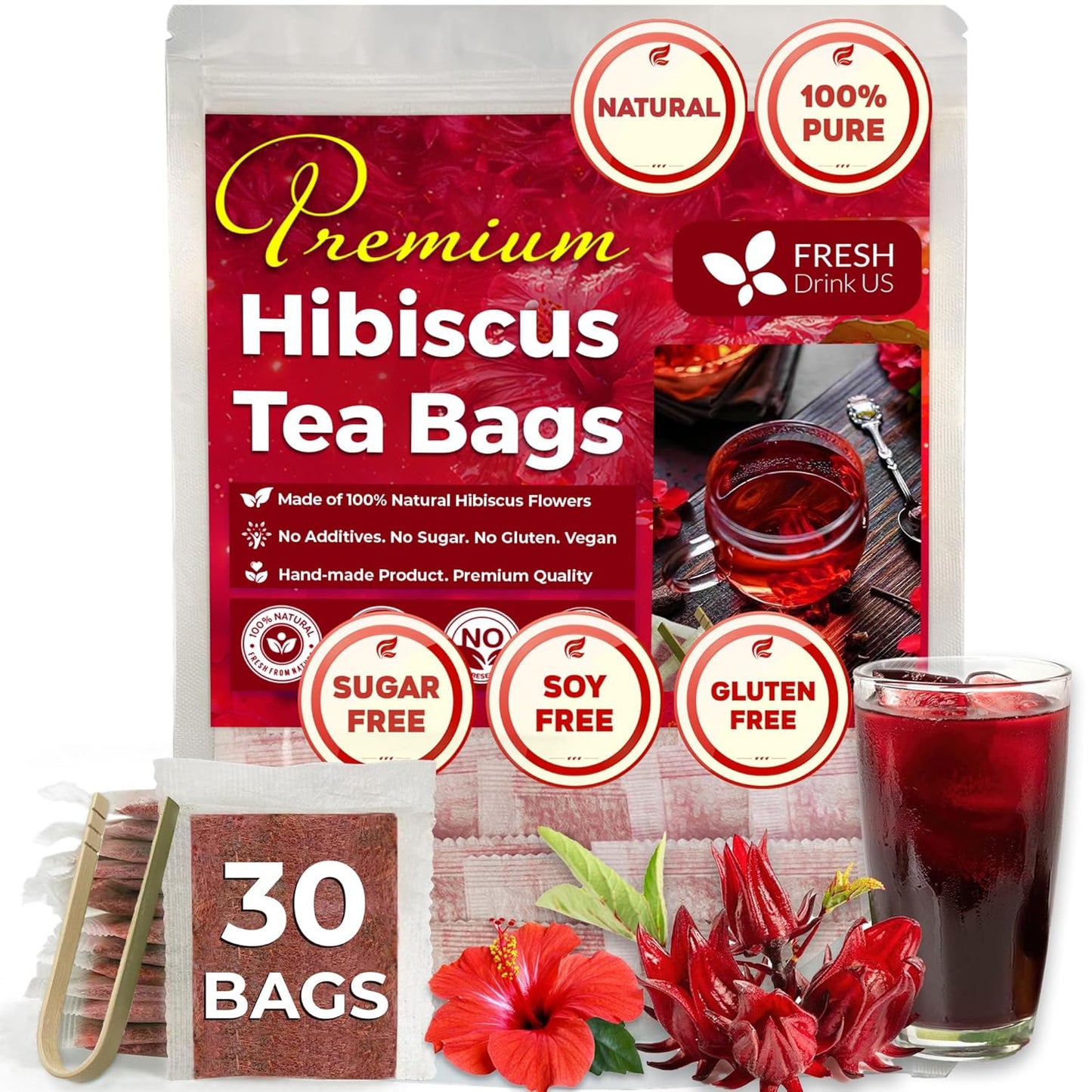 FreshDrinkUS Premium 30 Hibiscus Tea Bags, 100% Natural & Pure, Loose Flower Herbal Tea, No Sugar, Caffeine, Gluten, Vegan