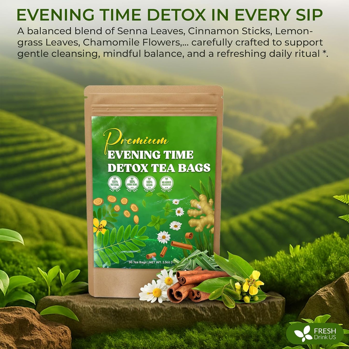FreshDrinkUS, Evening Time Detox Herbal Tea – 30 Tea Bags – Caffeine-Free Blend with Senna, Peppermint, Chamomile, Licorice, Ginger, Reishi Mushroom – Relaxing Herbal Infusion – Non-GMO & Natural