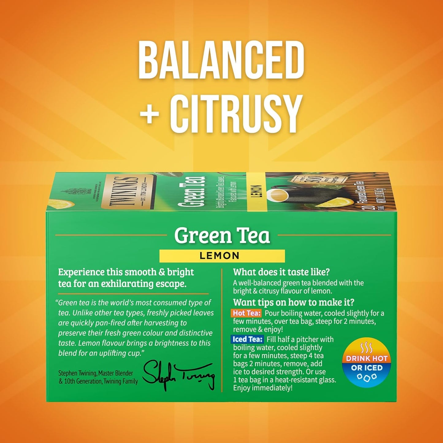 Twinings Green Tea with Lemon Individually Wrapped Bags, 20 Count (Pack of 6), Zesty Citrus Aroma & Flavour, Caffeinated, Enjoy Hot or Iced, 120 Teabags