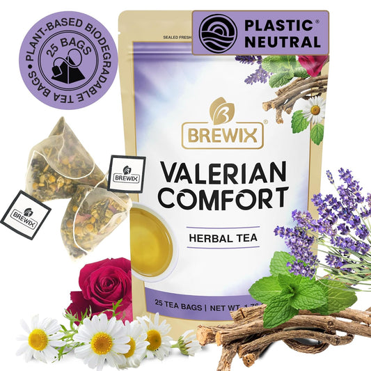 BREWIX, Valerian Comfort Tea for Sleep and Relaxation (25 Pyramid Bags) Caffeine-Free and Calming for Bedtime | Valerian Root, Chamomile & Lavender | Perfect Wellness Sleep