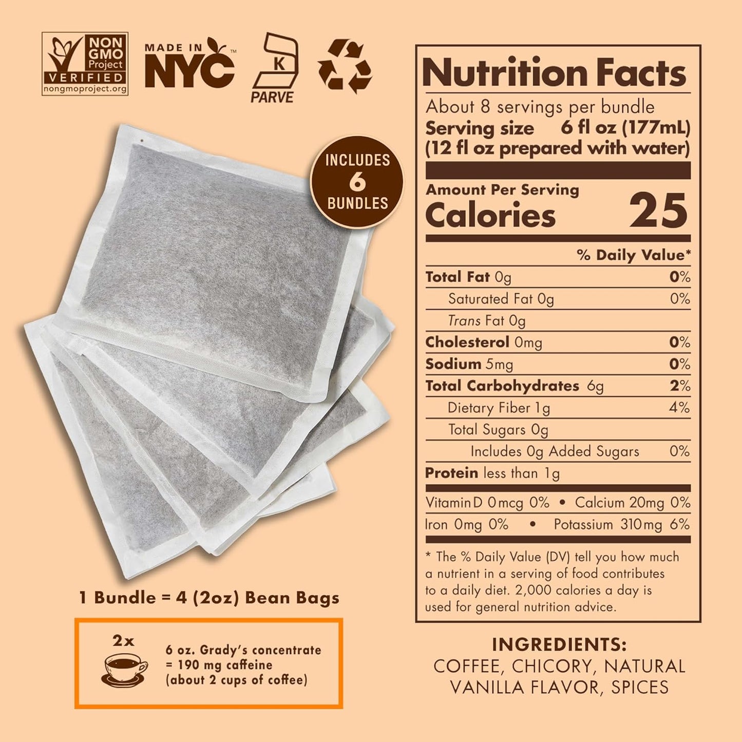 GRADY’S COLD BREW, French Vanilla, 100% Arabica Ground Coffee & Chicory Pouches | SIX Bundles of 4 Easy-to-Brew Bean Bags, Makes 72 drinks