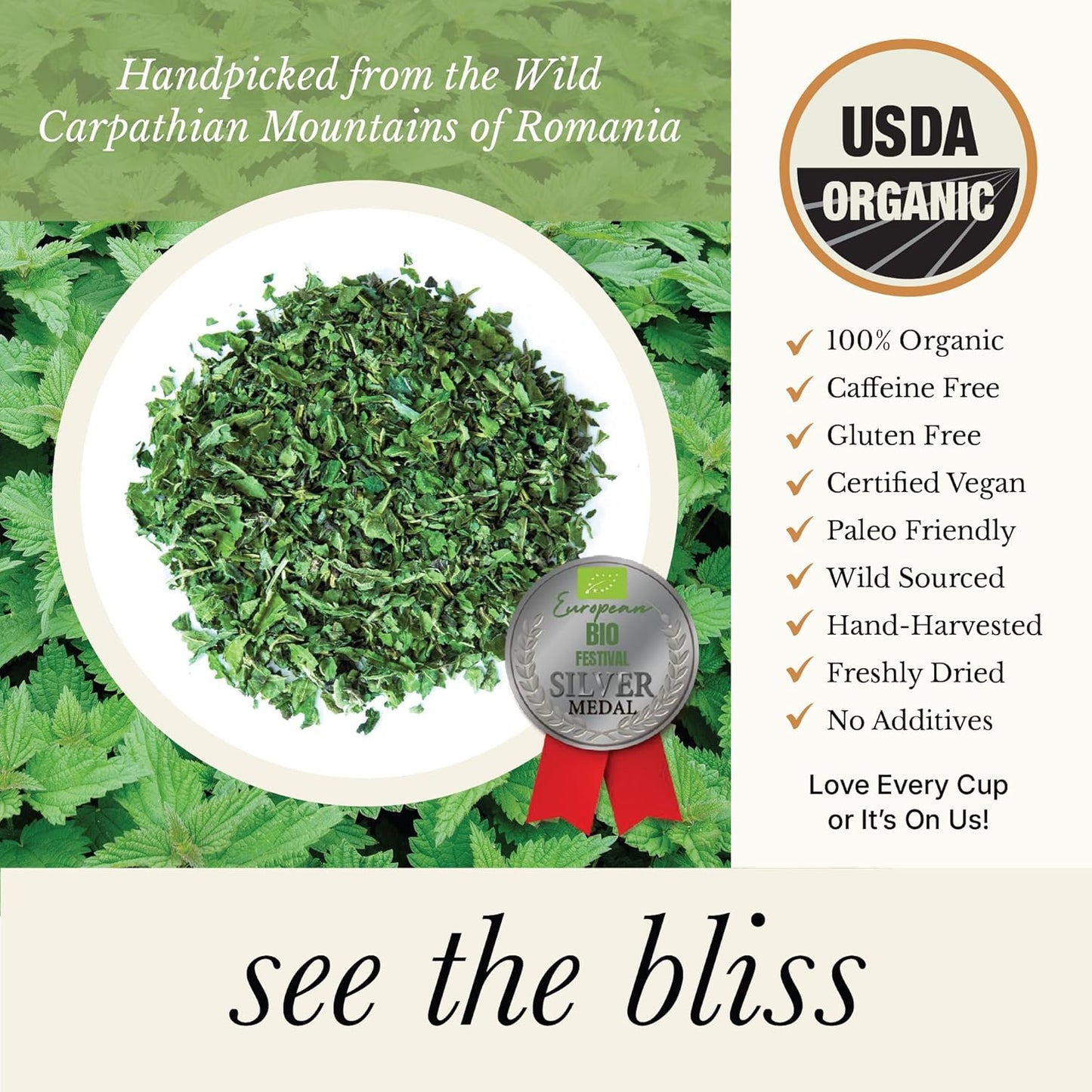 Wild Bliss Organic Wild Stinging Nettle Leaf Tea - Caffeine Free Loose Leaf Herbal Tea - 1.76 Oz - 25 Servings