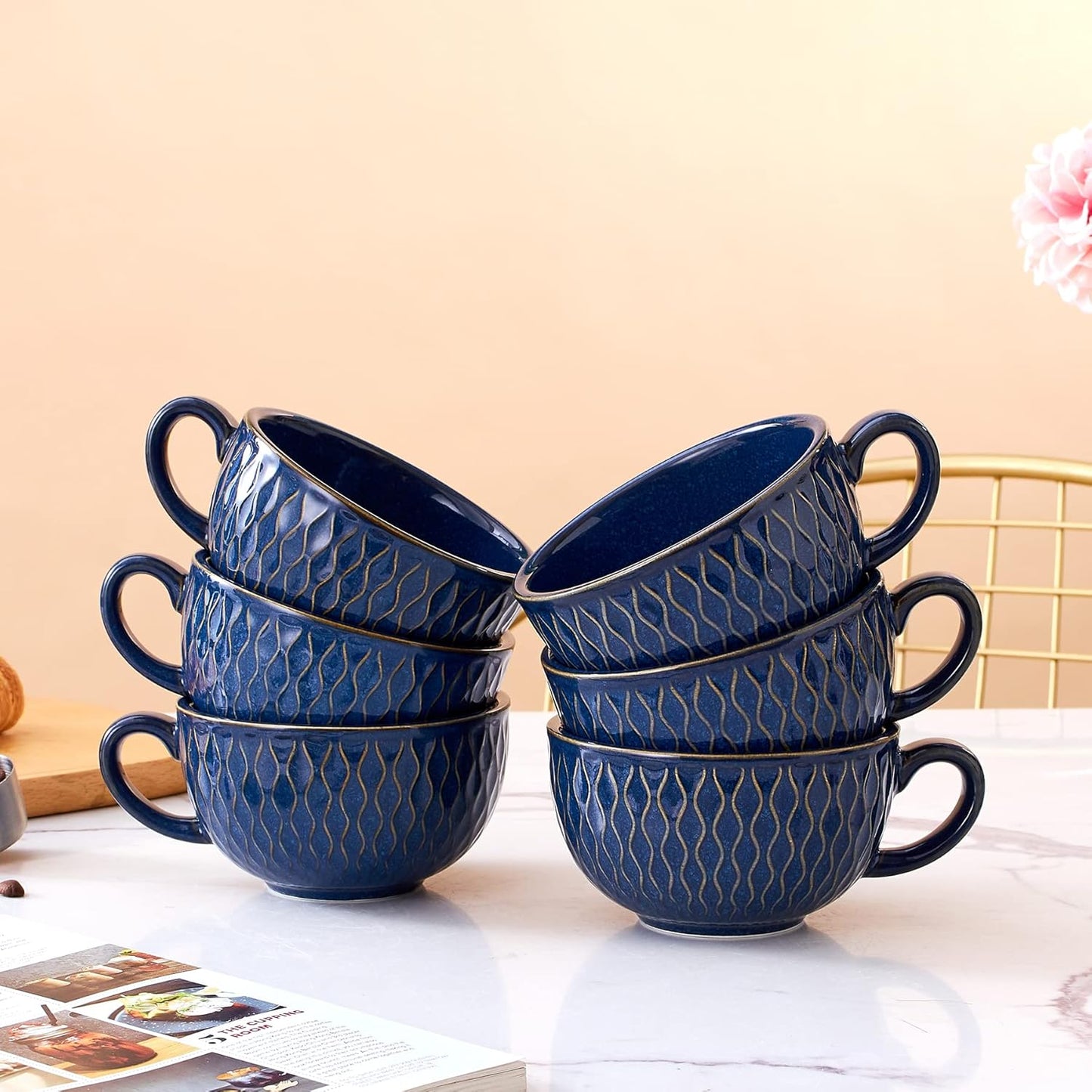 Set of 6 Cups Vintage Design 12 oz Professional Barista Ceramic Latte Art Cappuccino Cups Set (Embossed Blue * 6)