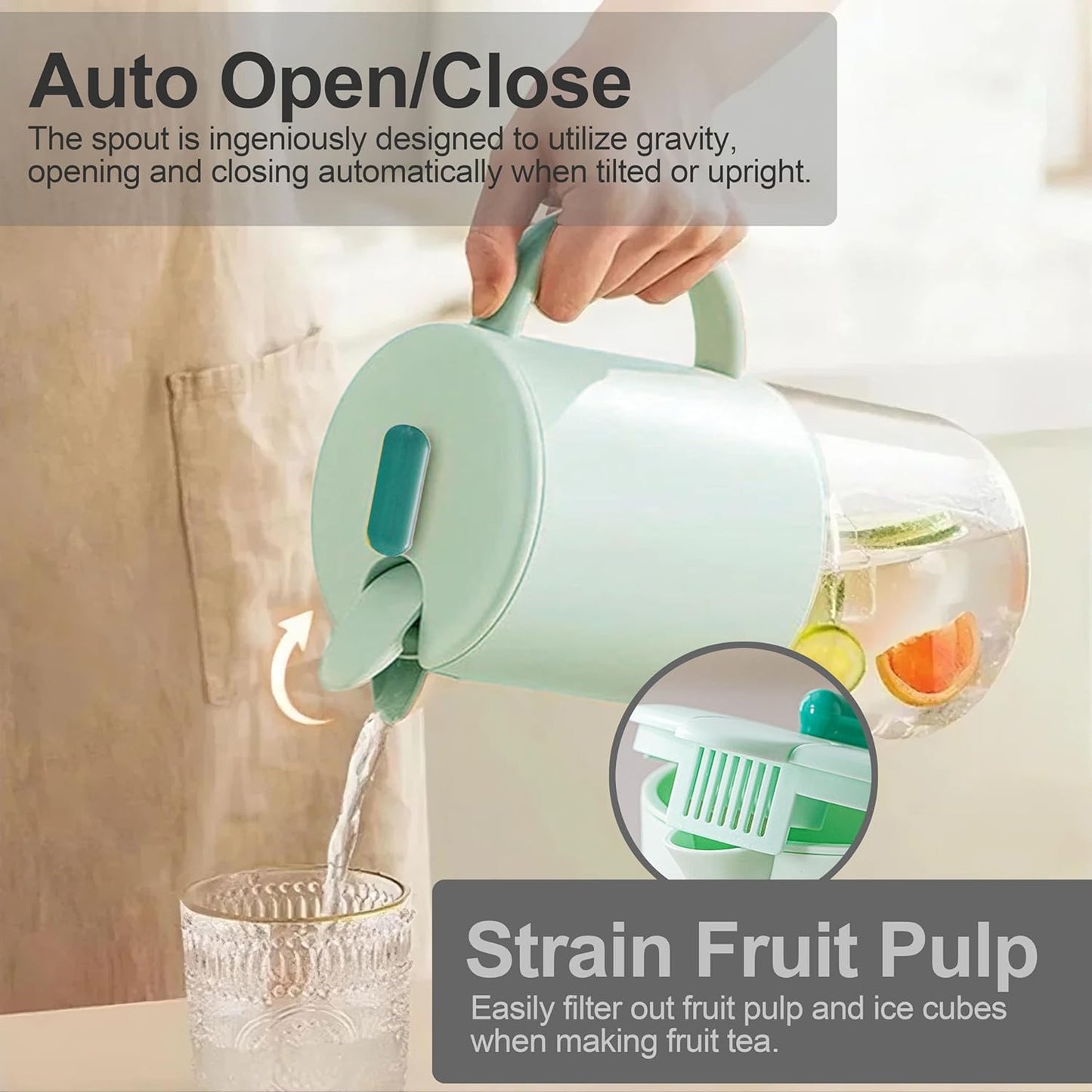 Delove Borosilicate Glass Pitcher with Lid & Auto Spout – Shatterproof Plastic Shell, Wide Mouth Design – 62 oz (1.9 Quart) Jug for Boiling Water, Iced Tea, Juice & Cold Brew Coffee (1, Light blue)