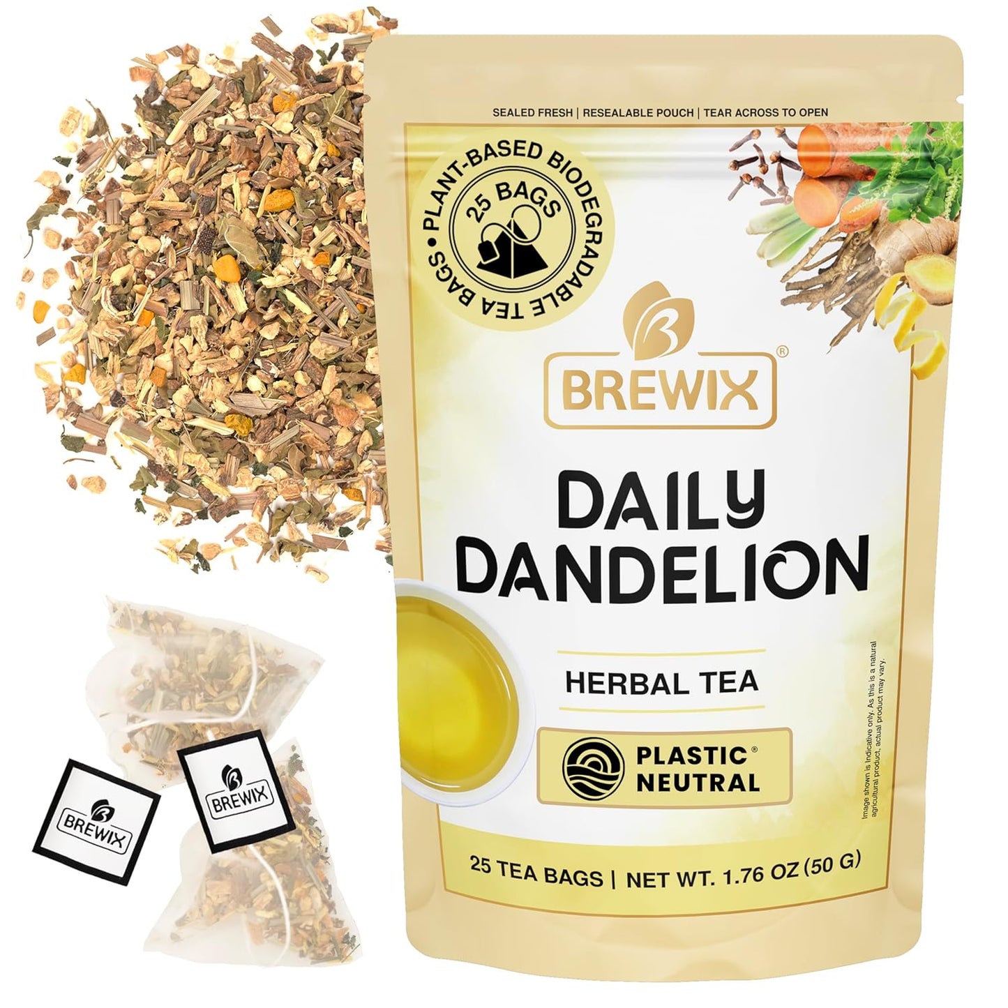 BREWIX, Dandelion Root Detox Tea (25 Pyramid Tea Bags) Caffeine-Free Herbal Blend with Ginger, Tulsi & Turmeric | Supports Liver Health & Gentle Cleanse | Natural & Refreshing | Direct from Source