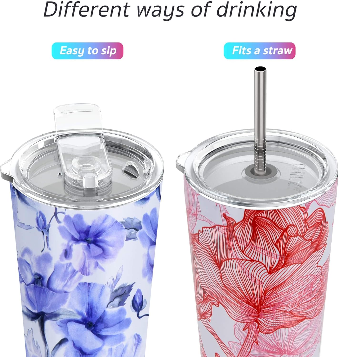THILY Stainless Steel Vacuum Insulated Tumbler 26 oz Triple-Insulated Travel Mug with Splash-Proof Lid, for Iced Coffee and Hot Beverage, Iridaceae + Red Lotus