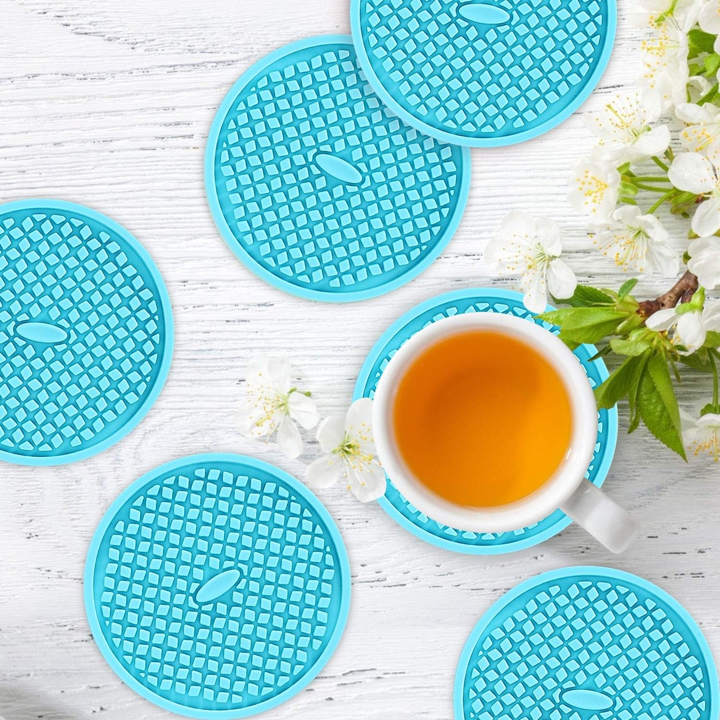 ME.FAN Silicone Coasters [6 Pack] Thickened Drink Coasters with Holder - Cup Mat - Non-Slip, Non-stick, Stay Put, Deep Tray - Prevents Furniture and Tabletop Damages(Blue)