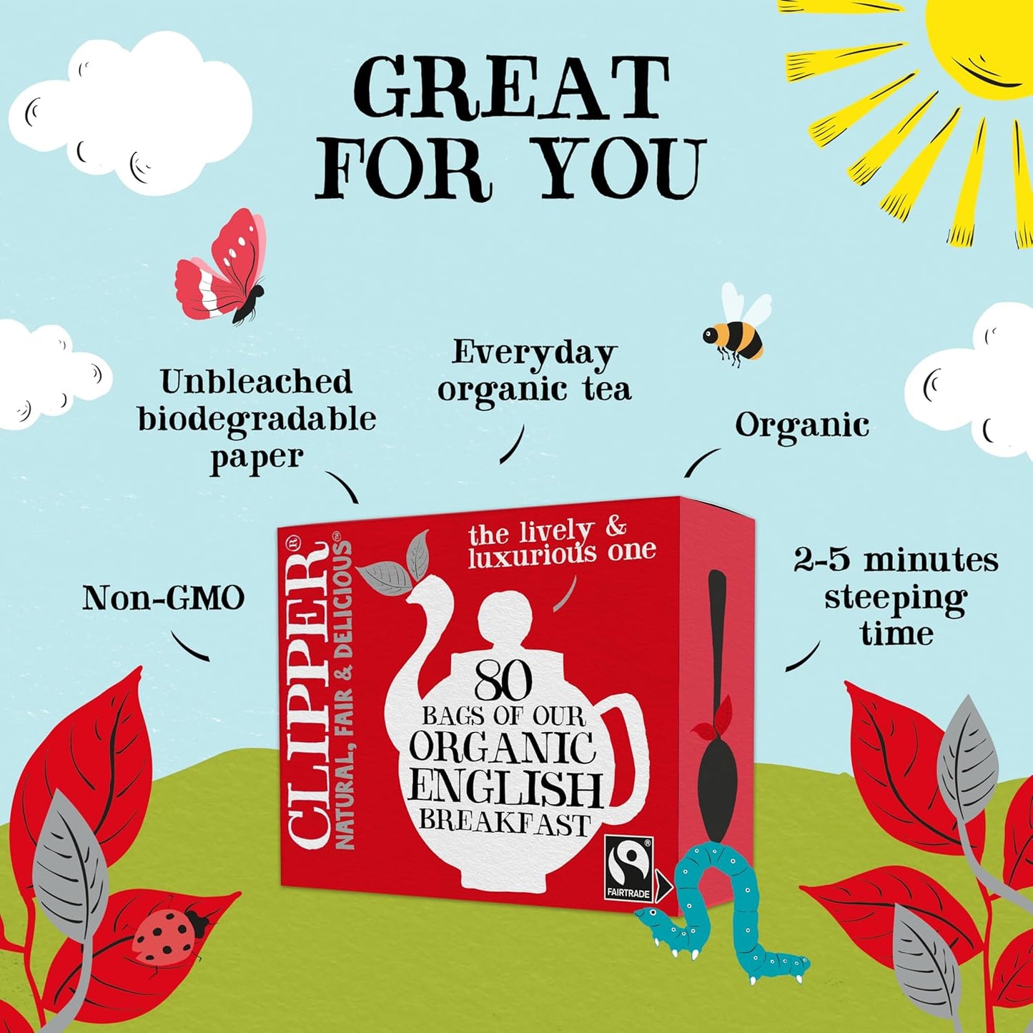 Clipper Tea, English Breakfast Assam Blend, Fairtrade, Organic, Plant-Based, Caffeinated British Tea, 4 Pack, 320 Unbleached Tea Bags