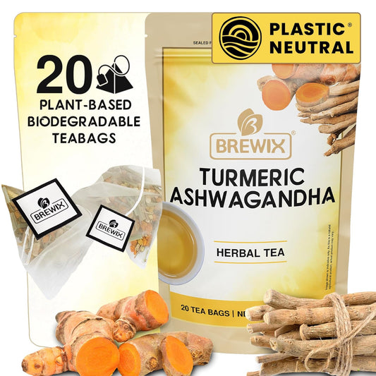 BREWIX, Turmeric Ashwagandha Herbal Tea Bags (20 Pyramid Tea Bags) Real Ingredients From India, Caffeine Free & Naturally Gluten Free | 100% Pure Herbal Blend Packed in Resealable Ziplock Pouch