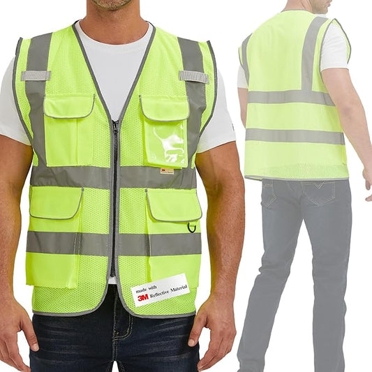 SIFE Reflective Safety Vest High Visibility Vest With 7 Pockets And YKK Zipper, ANSI/ISEA Class 2 Standard, Made With 3M Reflective Tape(03YG-Yellow Mesh,M)