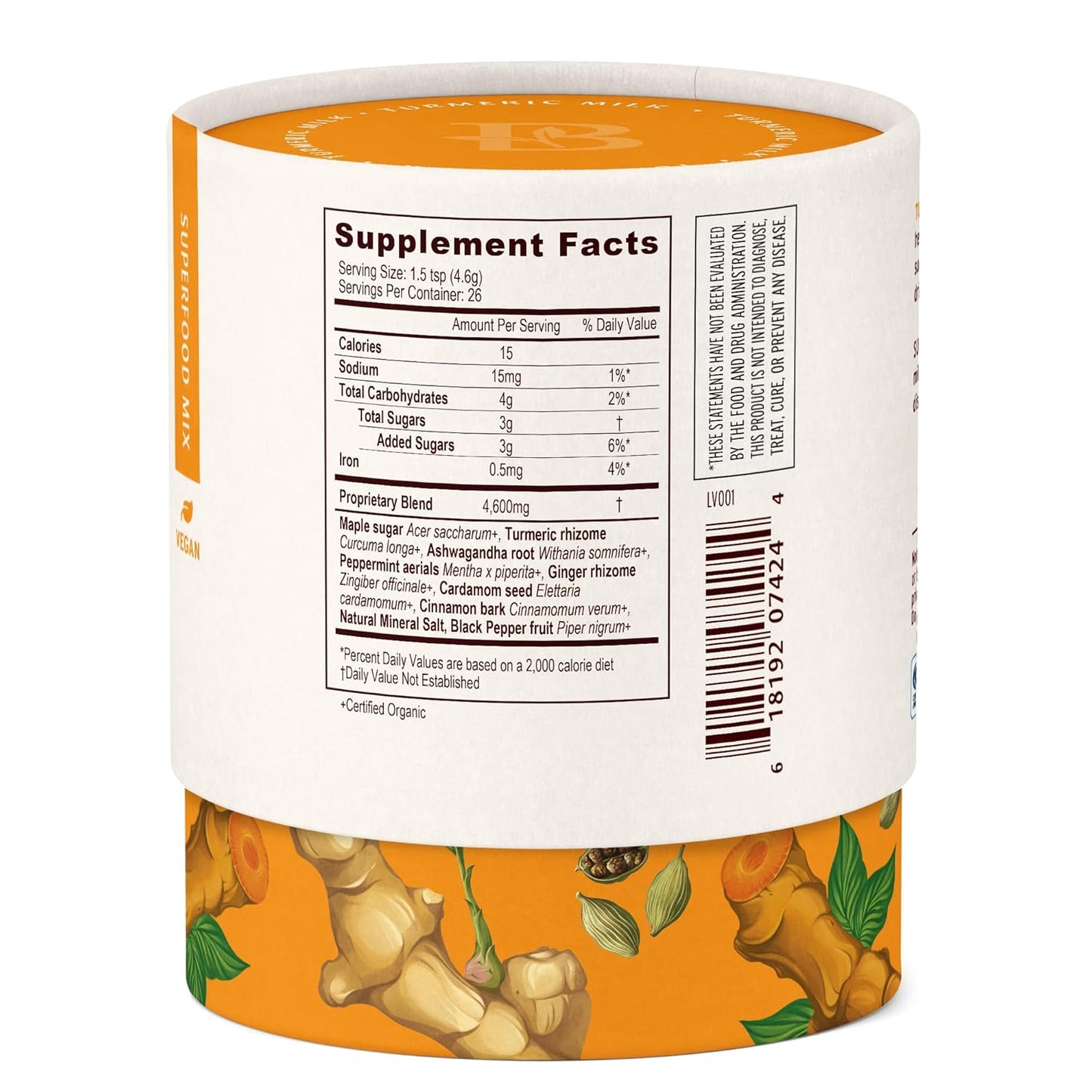 Banyan Botanicals Turmeric Milk – Organic Turmeric Latte Mix with Ashwagandha & Cardamom – Instant Caffeine Free Golden Milk with Maple Sugar – 4.3 oz, 26 servings –Non GMO Sustainably Sourced Vegan