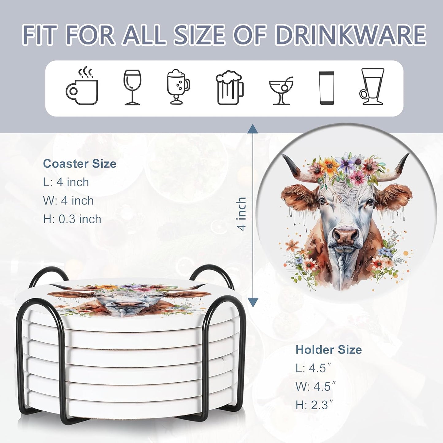6 Pcs Coasters for Drinks with Holder, Highland Cows Flowers Absorbent Ceramic Coasters with Cork Base,Cute Funny Table Drinks Coasters Tabletop Protection Mat,Table Home Decor,4 Inches