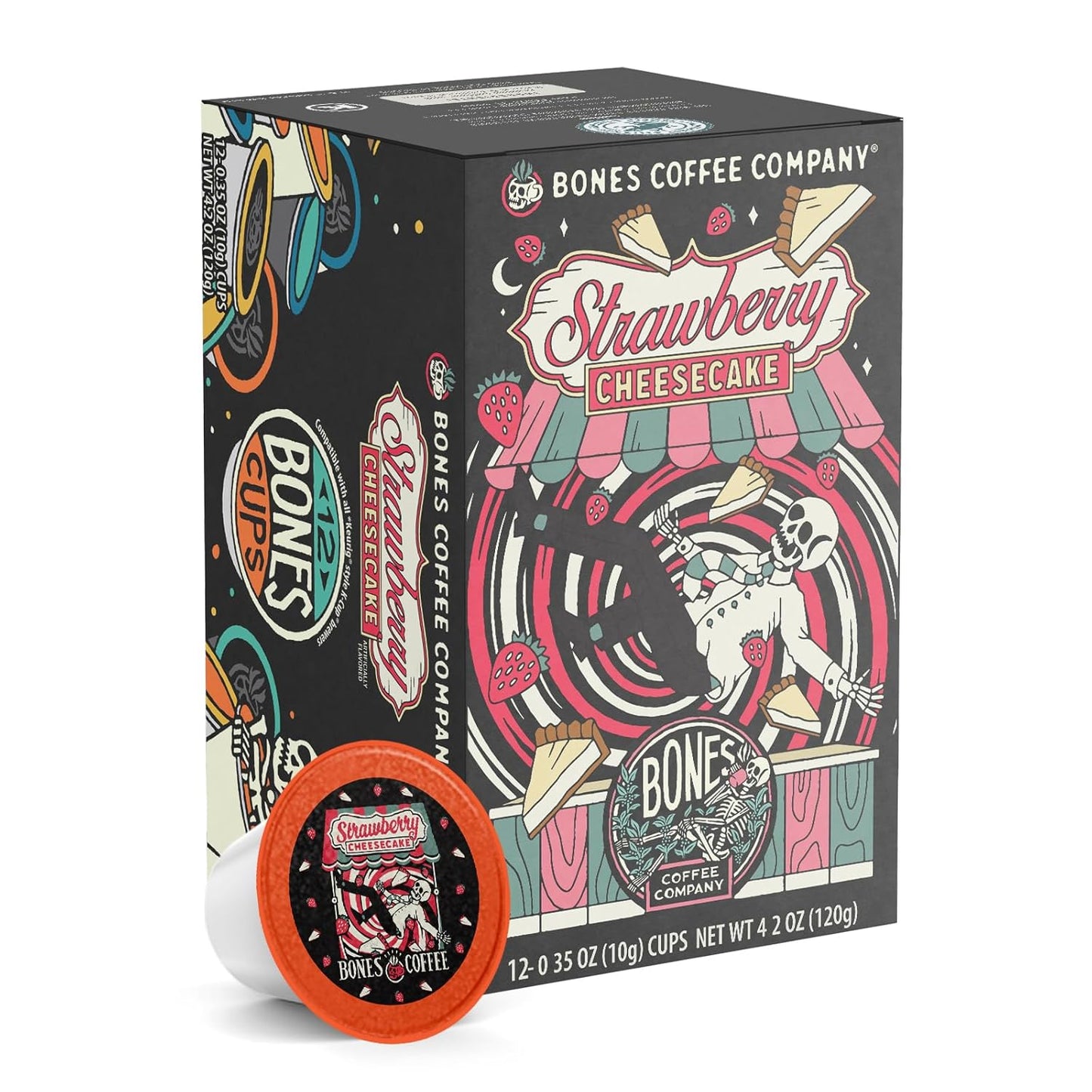 Bones Coffee Company Strawberry Cheesecake Flavored Coffee Pods, Low Acid Medium Roast Single-Serve Bones Cups, Compatible with 1.0 & 2.0 K-Cups Brewers Coffee Maker, 12 Count