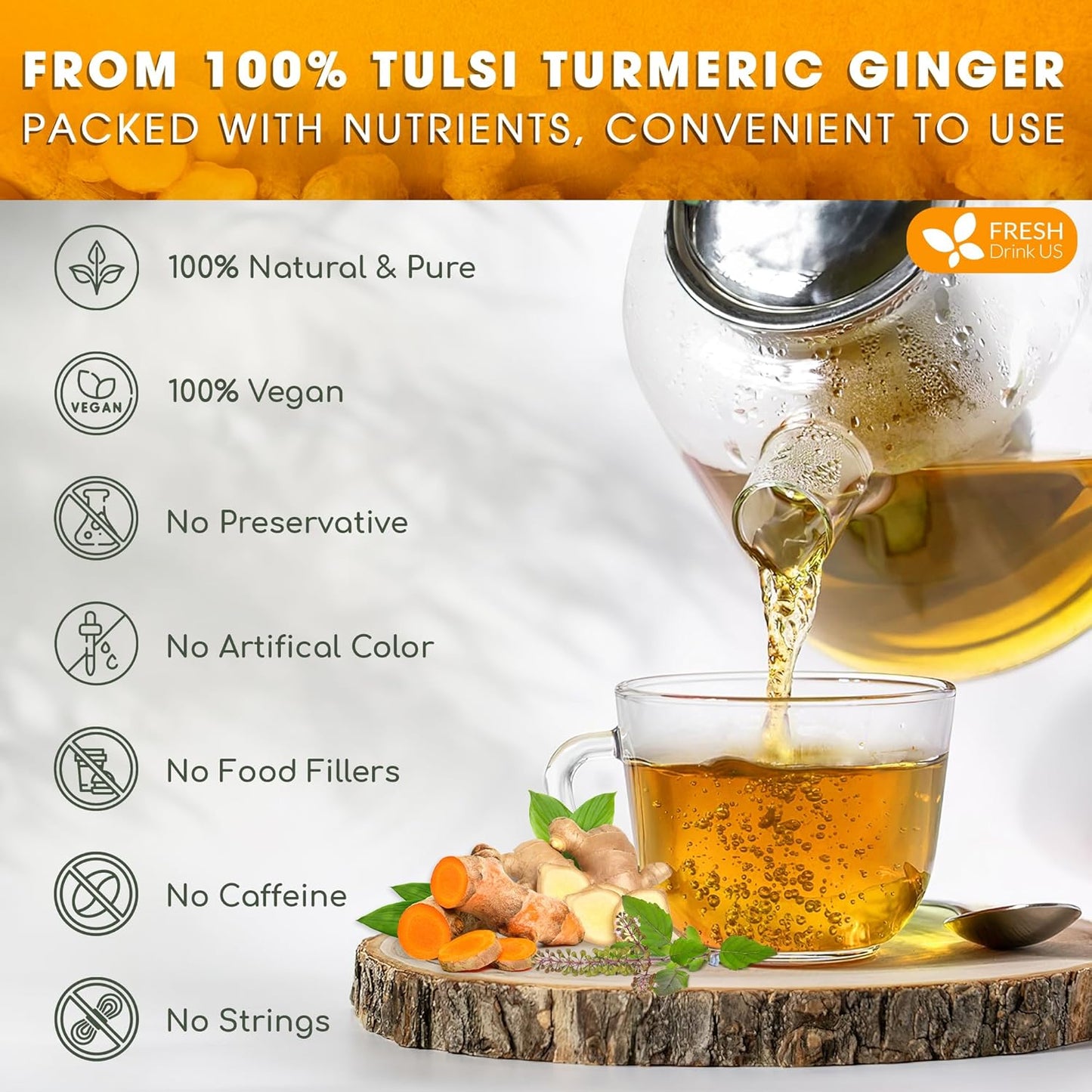 FreshDrinkUS, Premium 75 Tulsi Turmeric Ginger Tea Bags, 100% Natural & Pure from Tulsi Holy Basil Leaves, Turmeric and Ginger. Made with Natural Material Tea Bags. No Sugar, No Caffeine, Vegan.