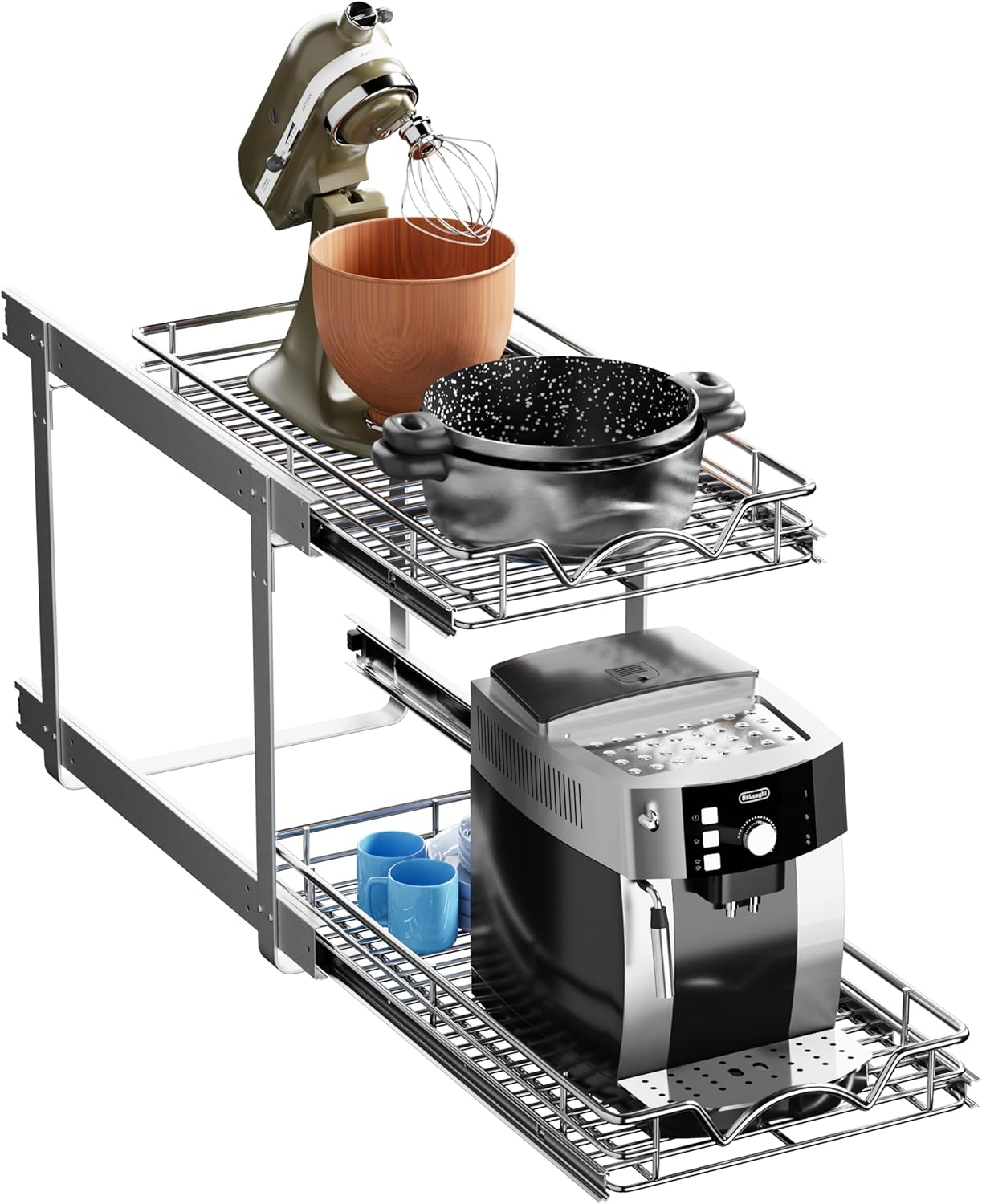 HOLDN’ STORAGE Two Tier Pull Out Cabinet Organizer, Individual Sliding Drawers - Heavy Duty Metal with Lifetime Limited Warranty - Anti Rust Chrome Finish - 12" W x 21”D x 16.5" H