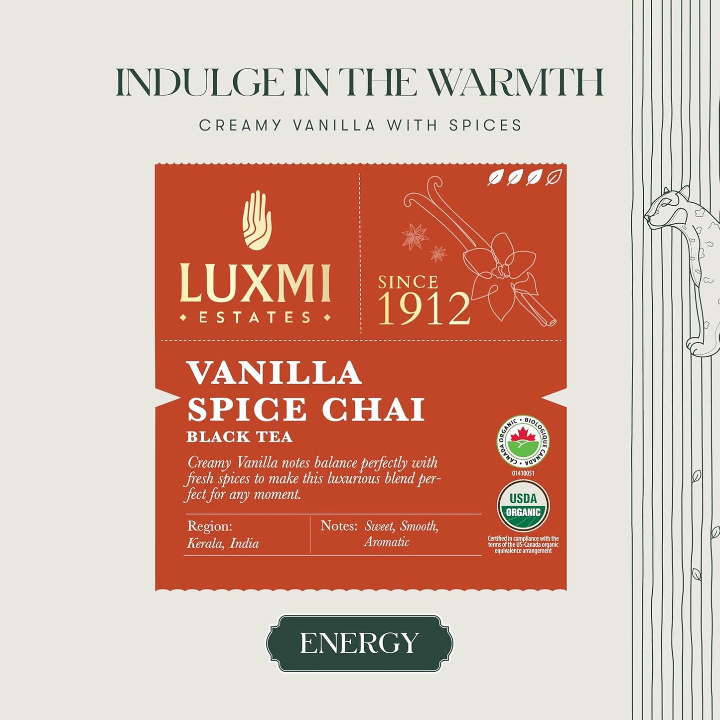 LUXMI Estates Vanilla Spice Chai 100Gm Loose Leaf Tin | Certified Organic Black Tea Leaf | Smooth, Flavorful, Robust, Caffeinated | Darjeeling & Assam Tea From India, 100 grams