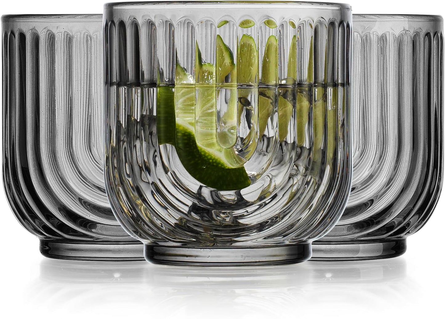 Glaver's Double Old Fashioned Rock Glasses, Set of 4 Smoke Black Whiskey Glasses, 11 oz Art Deco U-Shape Design Embossed Everyday Home Bar Glassware. Art Deco Elegant Kitchen Drinking Glasses.