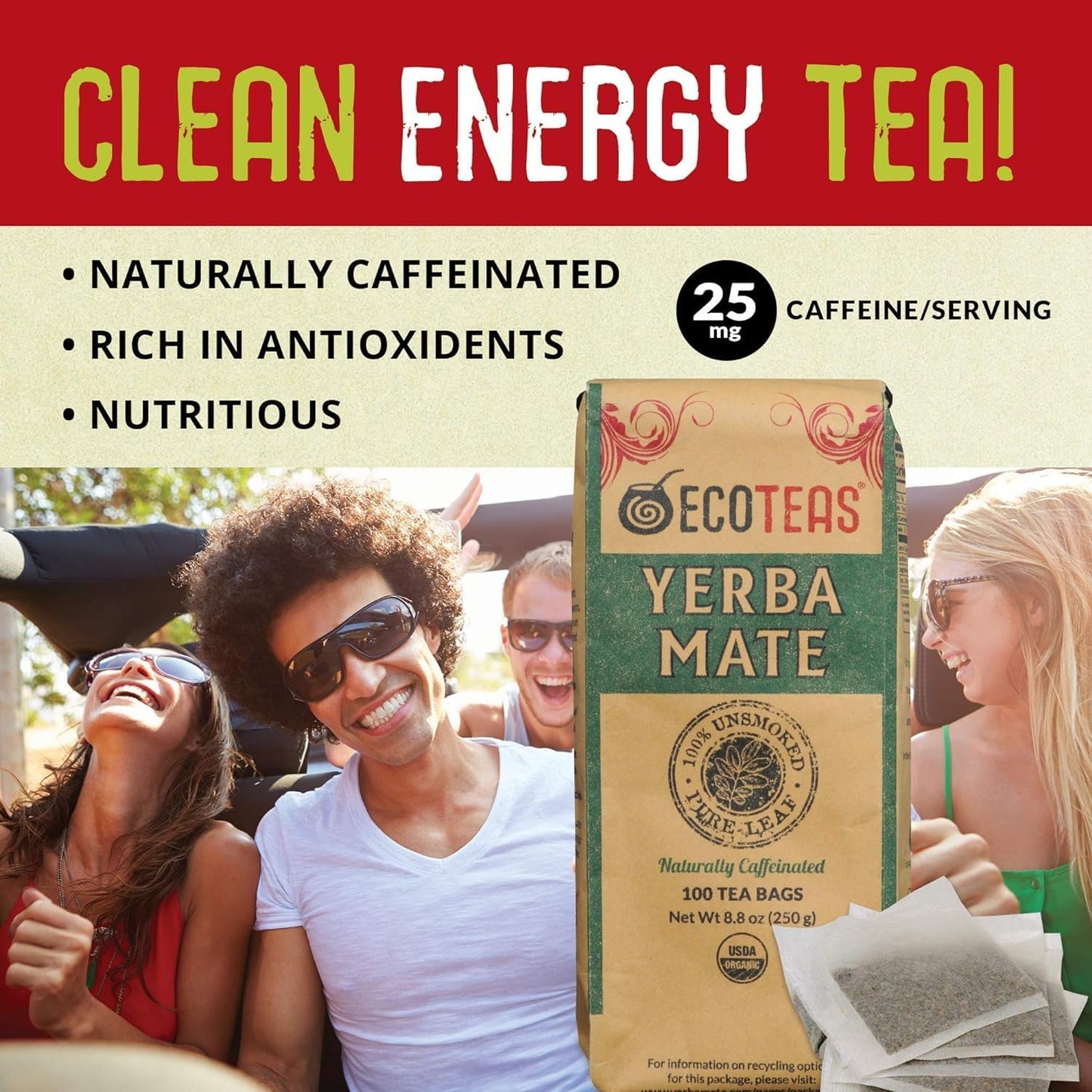 ECOTEAS Premium Organic Yerba Mate Tea Bags – Natural Energy & Detox Herbal Tea – Coffee Alternative - Kosher, Non-GMO, Gluten-Free - 100 Unsmoked Bulk Bags, 8.8 oz (Pack of 2)