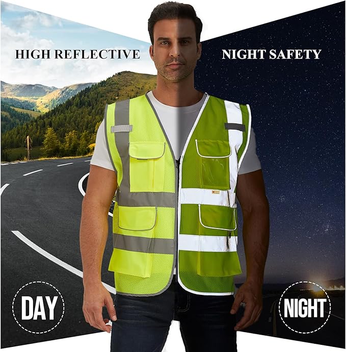 SIFE Reflective Safety Vest High Visibility Vest With 7 Pockets And YKK Zipper, ANSI/ISEA Class 2 Standard, Made With 3M Reflective Tape(03Y-Yellow Mesh,XL)