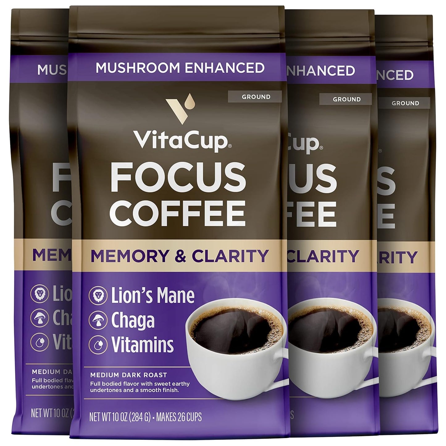 VitaCup Focus Mushroom Coffee Grounds, with Lions Mane, Chaga, B Vitamins, D3, Boost Focus, Immunity, Memory & Clarity, Medium Dark Roast, Bold & Smooth 100% Arabica Specialty, 4 bags, 10oz each