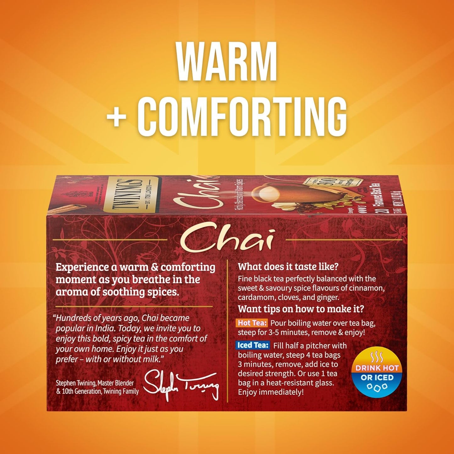 Twinings Chai Black Tea Individually Wrapped Bags, 20 Count (Pack of 6), Sweet, Savoury Spices, Caffeinated, Enjoy Hot or Iced, 120 Teabags