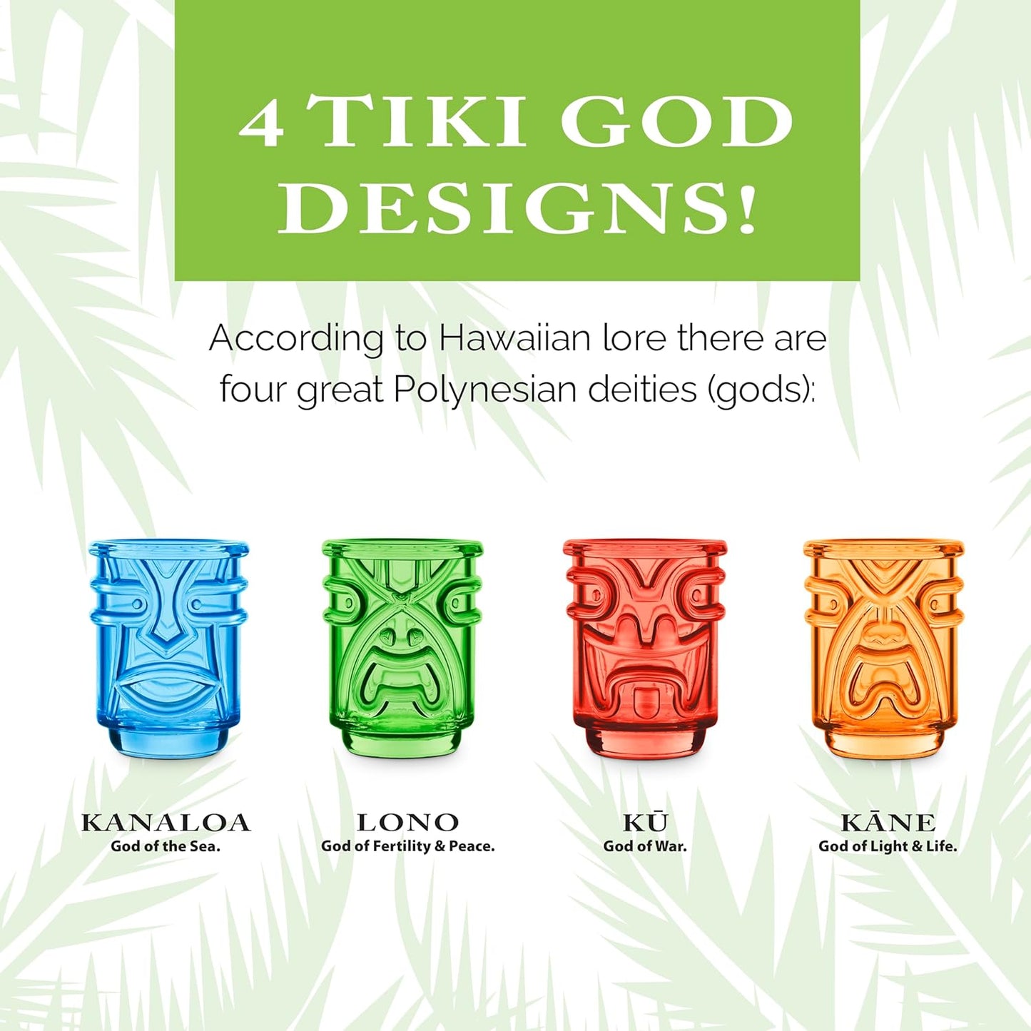 Final Touch Tiki Shot Glasses Set of 4 - Kanaloa, Lono, Kū, Kāne Designs, 2 oz (60 ml), Multicoloured, Stackable Totem Pole Storage, Durable Glassware for Tropical Shots (TK5402)
