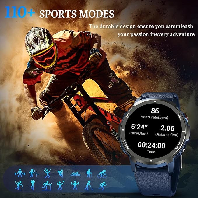 Smart Watch, 2025 Military Waterproof Fitness Sleep Tracker Watch with 110 Ports Modes, Smartwatch for Samsung Android iPhone iOS Compatible