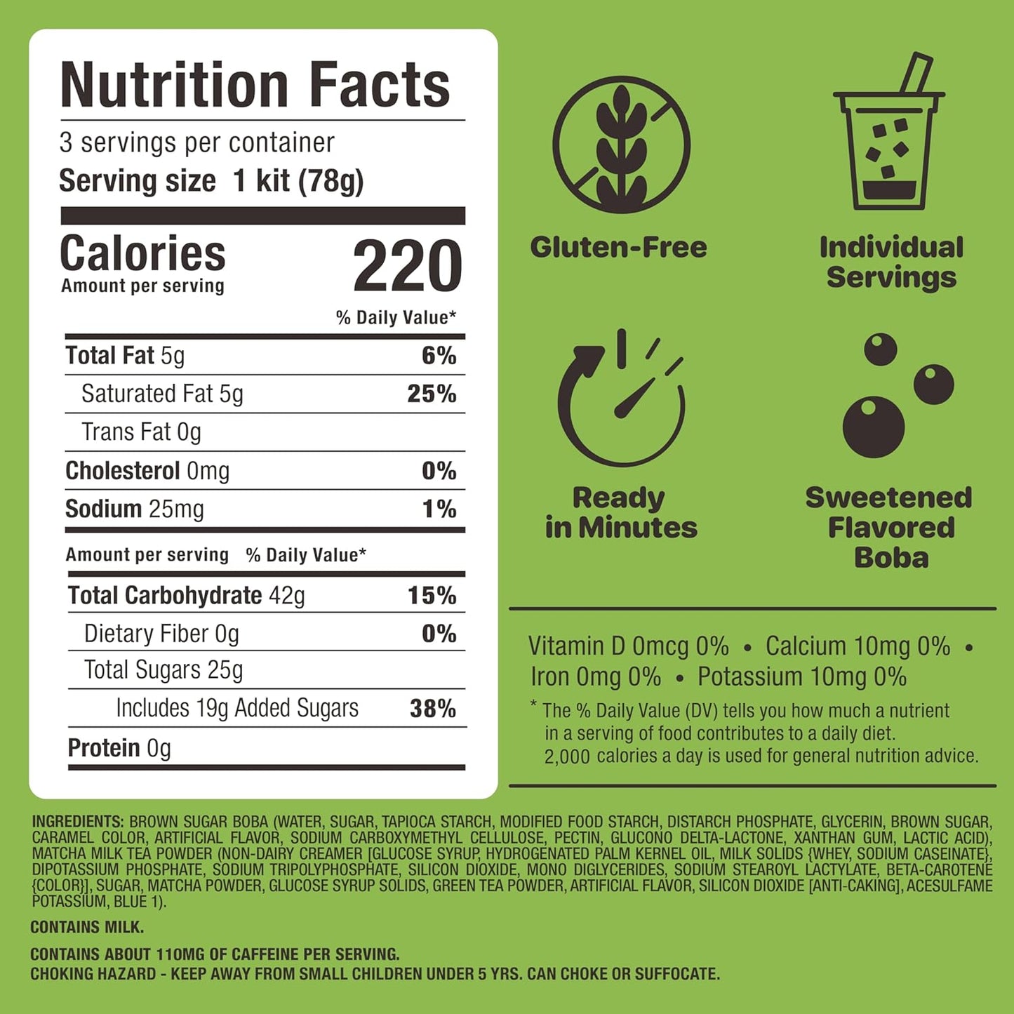 Matcha Latte Instant Bubble Pearl Matcha Milk Tea Kit with Authentic Brown Sugar Tapioca Pearls, Ready in Under One Minute, Paper Straws Included – 3 Servings Yulu Foods