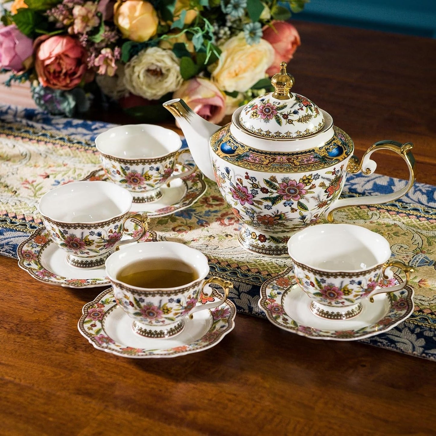 ACMLIFE Fine Bone China Tea Set, British Vintage China Set for Adults 24K Gold, Afternoon Cups and Saucers for Women Tea Party or Gift Giving (Pink and Gold)