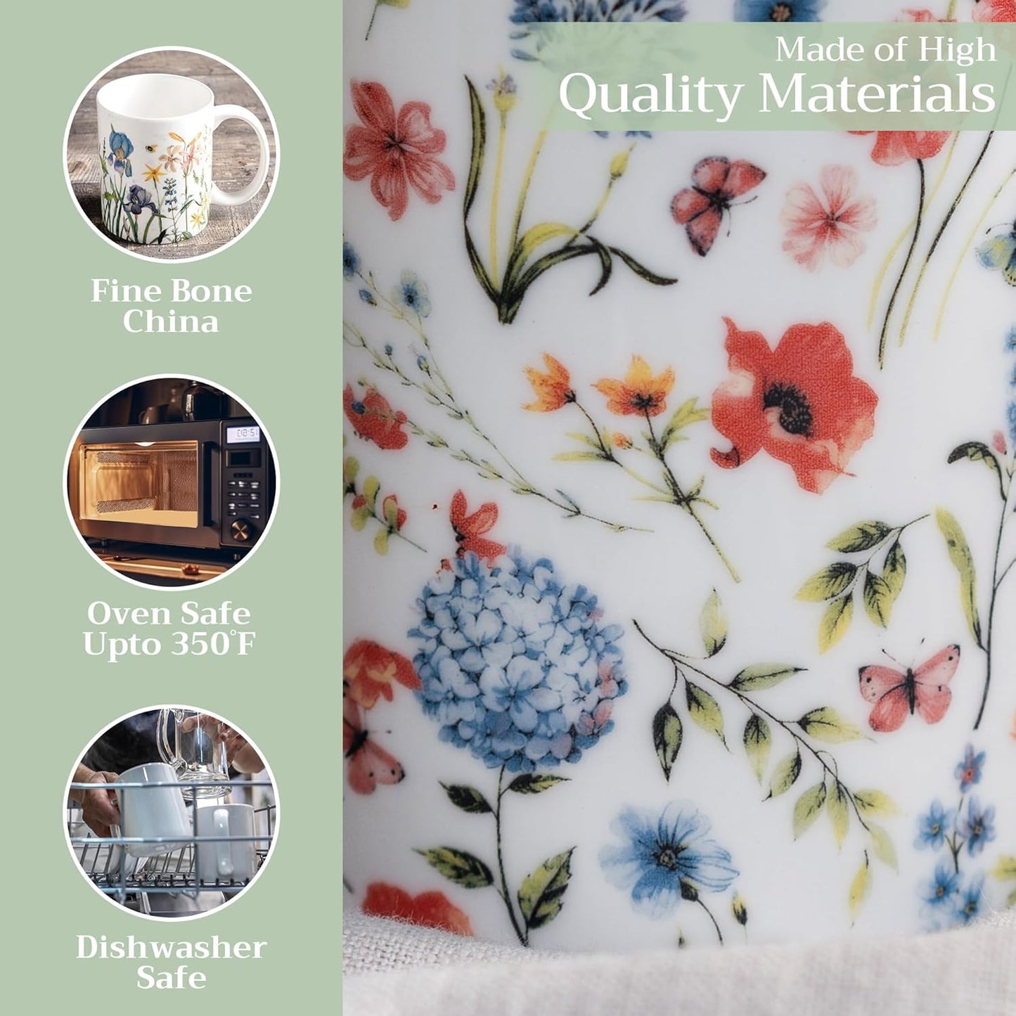 Maison d' Hermine Coffee Mug with Handles Fine Bone China Mugs Pack of Two Tea Cups for Hot Beverages Cappuccino Latte Home Restaurant Office Perfect for Gift (Just Floral, 12 Ounce)