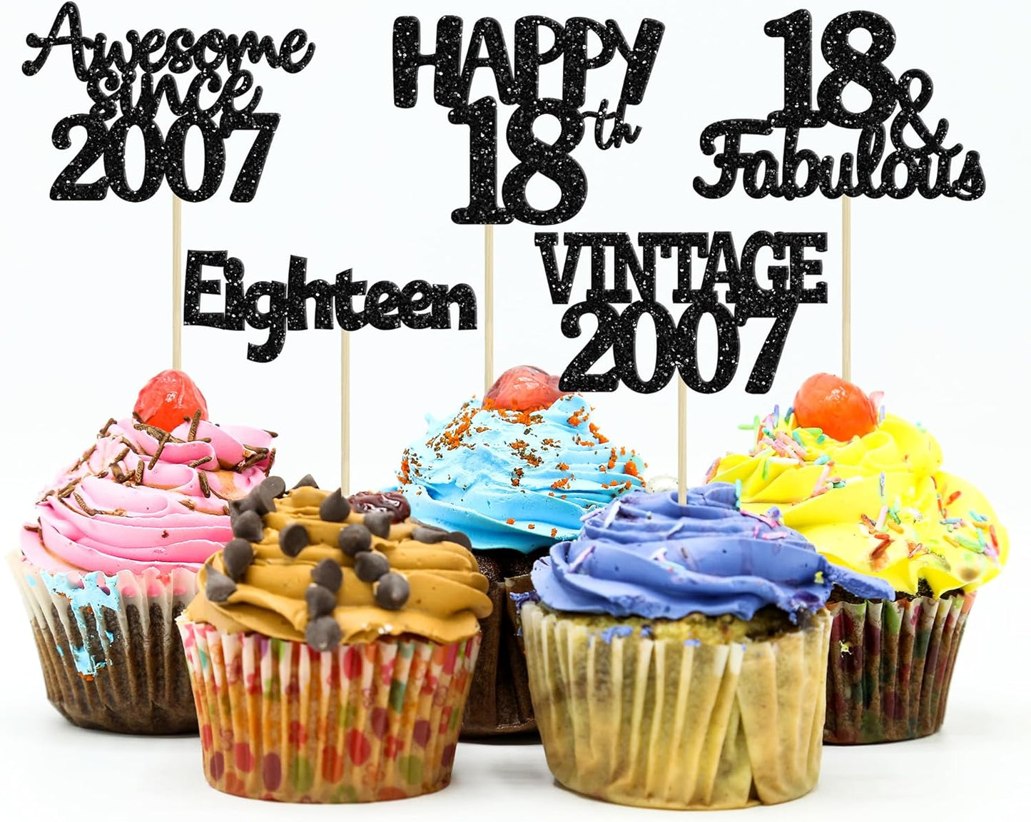 Gyufise 30Pcs Vintage 2007 Cupcake Toppers Glitter Eighteen Happy 18th Cupcake Picks Happy 18th Birthday Cake Decorations for Happy 18th Birthday Fabulous Anniversary Party Supplies Black