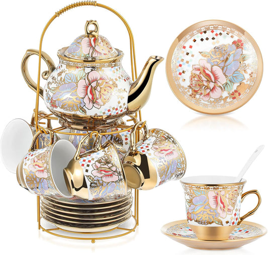 Zhehao 20 Pcs Porcelain Tea Set with Metal Holder and Spoon Adult Ceramic Tea Party Set European Flower Painting Teapot Cup Saucer Spoon Set for Women, Large Version(Rustic Style)