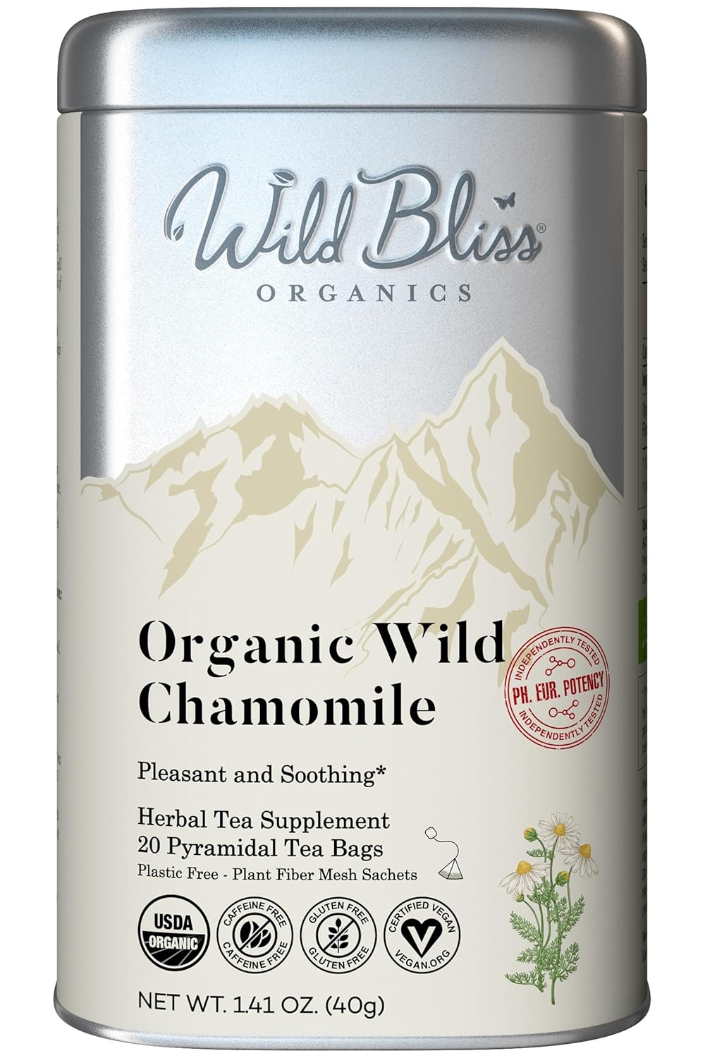 Wild Bliss Organic Chamomile Tea - Caffeine Free Calming Herbal Support - Pharmacopoeia Potency - 20 Plant Based Tea Bags