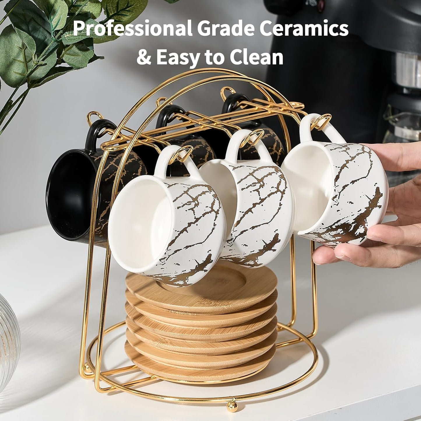 LUKA Ceramic Espresso Cups with Saucers and Metal Stand, Small 4 oz Porcelain Demitasse Cups Set of 6, Cute Cappuccino Coffee Cups for Double Espresso, Tea, Marbling White & Black