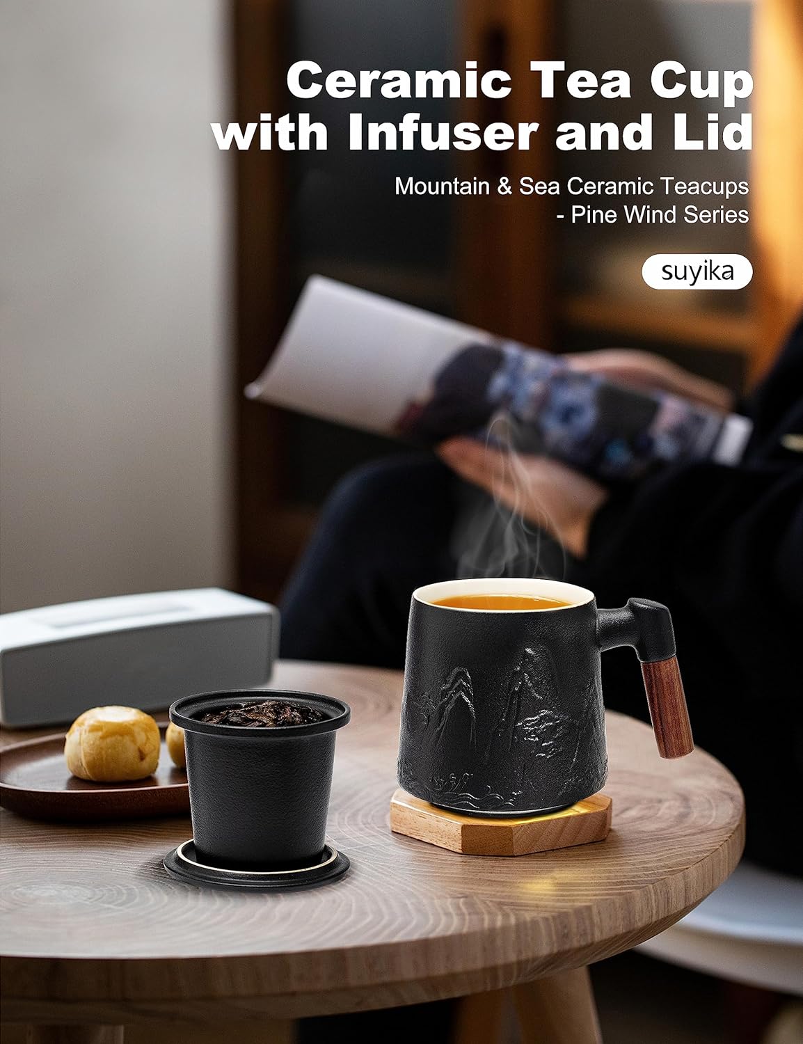 suyika Ceramic Tea Cup with Infuser and Lid, Gradient Embossed Large Tea Mug Wooden Handle for Steeping Loose Leaf, Tea Lover Gifts 15.2 oz / 450 ml,Matte Black