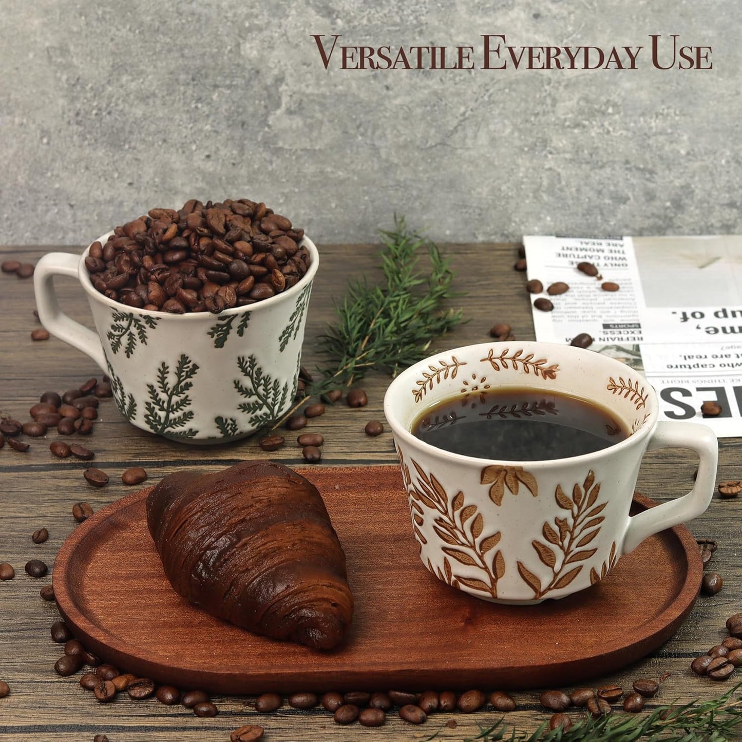 Ceramic Coffee Mug, 12 oz Novelty Unique Teacup with Large Handle, Stoneware Cup for Tea Mocha Latte Cappuccino Espresso (Set of 2, Ivy and Leaf)
