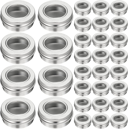 100 Pcs 0.5 Ounce Aluminum Tin Jar 15 ml Refillable Containers Clear Top Screw Lid Round Tin Container Bottle for Cosmetic, Cream, Diamond Painting, Salves, Balms, Lip Balm, Spices or Others, Silver
