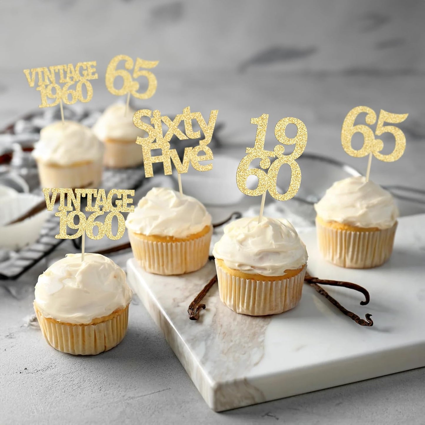 Gyufise 24Pcs 65th Birthday Cupcake Toppers Glitter Cheers to 65 Fabulous Sixty Five Vintage 1960 Cupcake Picks 65th Birthday Wedding Anniversary Party Cake Decorations Supplies Gold