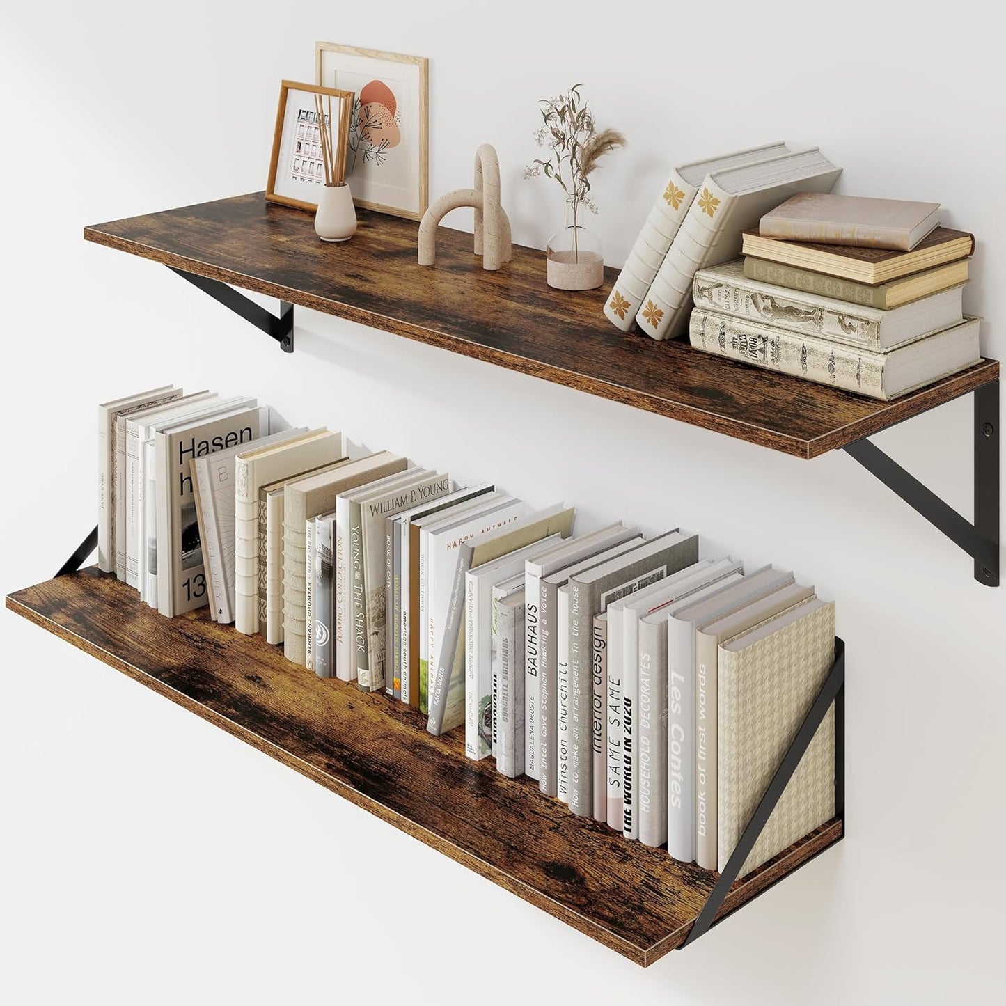 Heimlove Deep Floating Shelves for Wall, 32W x 8D Wood Wall Shelves Set of 2, Wide Floating Bookshelf for Living Room, Kitchen, Office, Bedroom and Decor Storage, with Metal Bracket - Rustic Brown