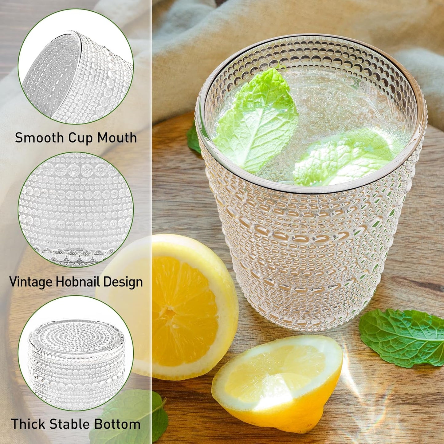 Vintage Hobnail Drinking Glasses Set of 12, 12 oz Highball Glasses & 10 oz Cocktail Glasses, Embossed Glass Cups, Clear Water Glasses Kitchen Bar Glassware Set for Beer, Juice, Cocktail, Whiskey