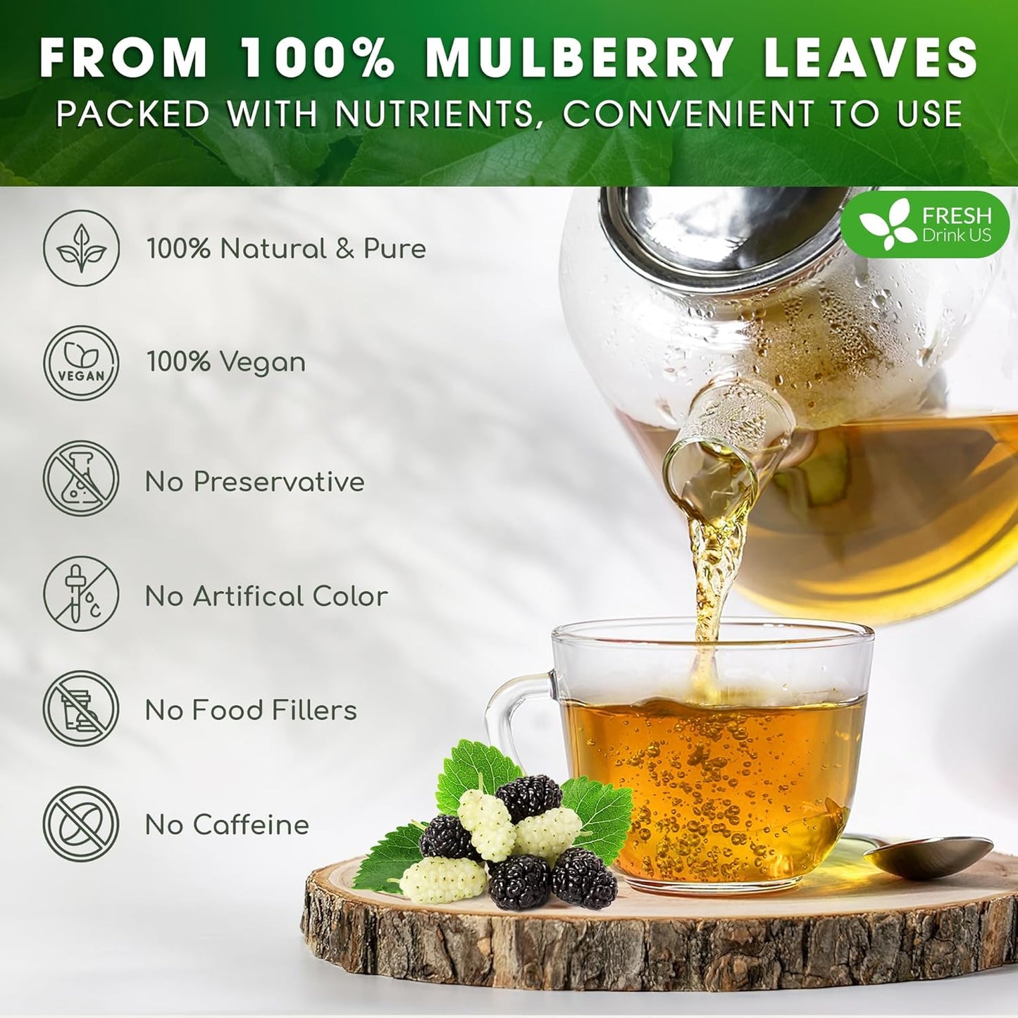 FreshDrinkUS, Permium 8oz Mulberry Leaves, 100% Natural & Pure from Mulberry Leaves, Mulberry Leaf Tea, Mulberry Loose Leaf Herbal Tea, No Additives, No Caffeine, Vegan