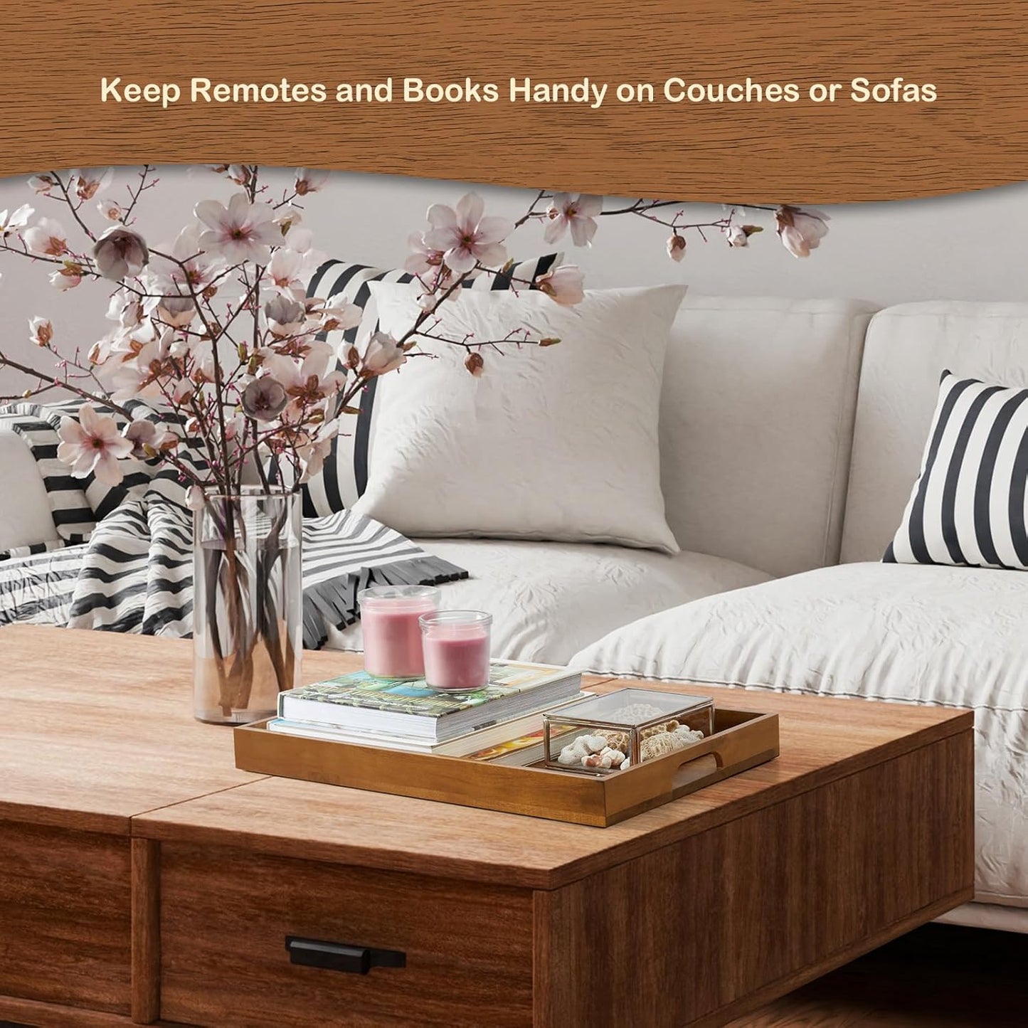 Set of 2 Acacia Wood Serving Tray with Handles, 17 Inch Large Wooden Tray for Ottoman, Breakfast in Bed, Coffee Table, Dinner, Perfect for Living Room Bedroom Entryway and Kitchen