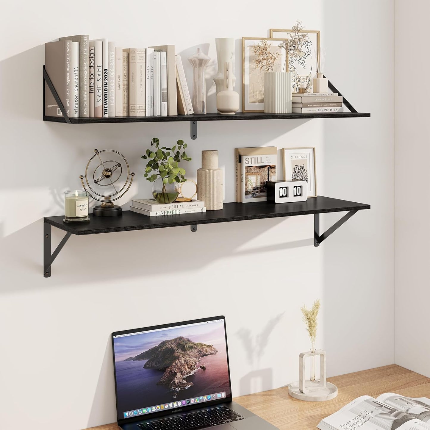 Heimlove Black Deep Floating Shelves for Wall, 36W x 8D Wood Wall Shelves Set of 2, Wide Floating Bookshelf for Living Room, Kitchen, Office, Bedroom and Decor Storage, with Metal Bracket - Black