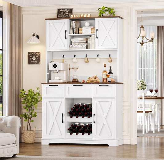 HIFIT 72" Large Kitchen Pantry Storage Cabinet with Barn Doors & Shelves & Drawers, Farmhouse Tall Kitchen Hutch with Bar Cabinet and Microwave Stand, Cupboard Wine Rack for Kitchen Dining Room, White
