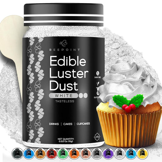 BeePoint White Edible Luster Dust 15g - Food Grade, Vibrant Color Shimmer Powdered Dust for Drinks, Cocktails, Cake Decorating, Baking, Chocolates, Candy, Sweets, & Cookies - Vegan & Gluten Free