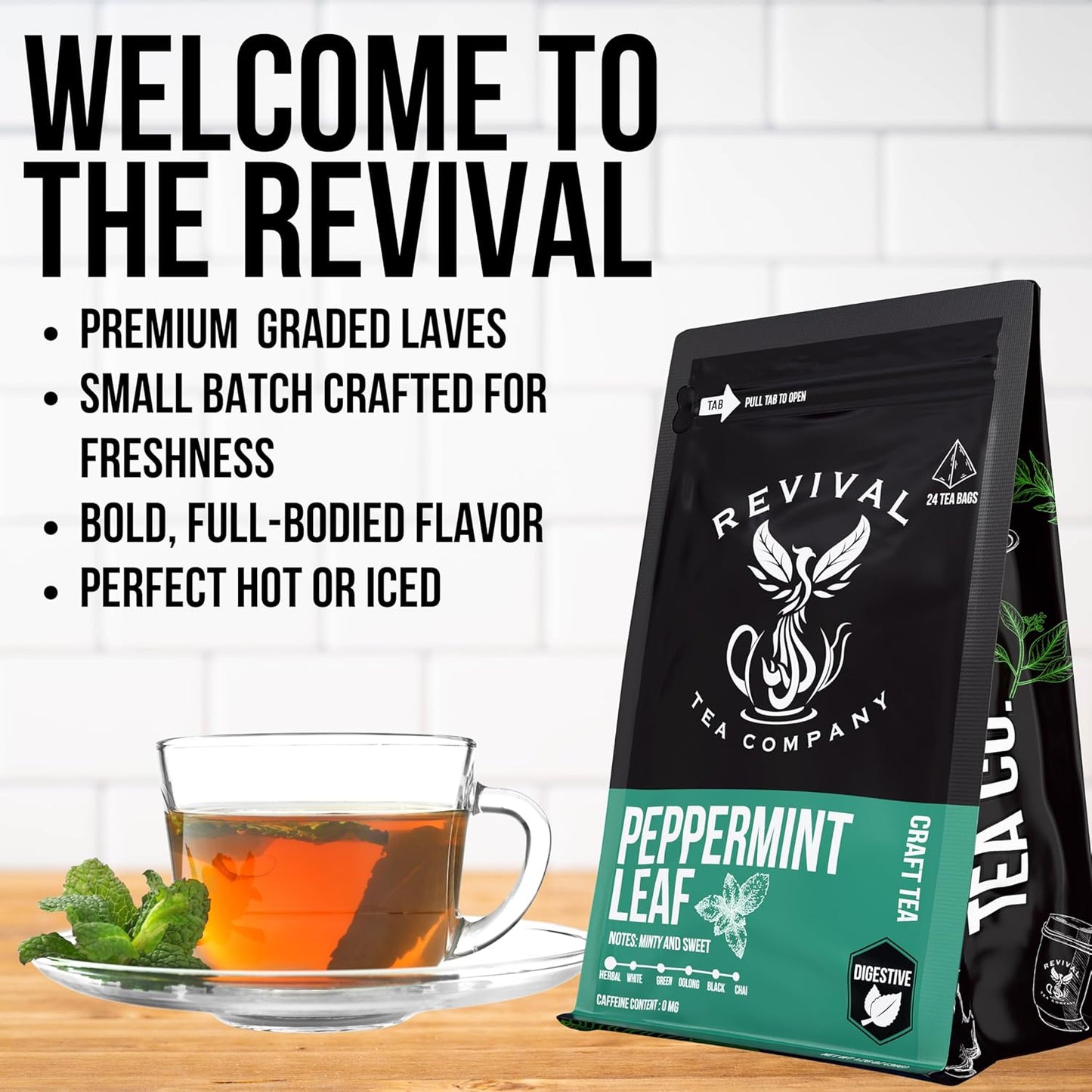 Revival Tea Company Peppermint Tea - Herbal Tea made from 100% Peppermint Leaf - Caffeine Free - Loose Leaf 3 Ounces