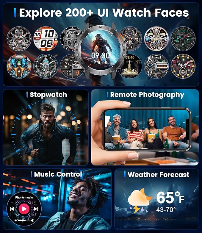 Smart Watches for Men for Android/iPhone(3 Straps),1.43’’ Amoled Display Sport Watch with 123 Sport Modes/FlashLight,5ATM Waterproof Fitness Tracker with Blood Pressure /Heart Rate/Sleep Monitor,Metal