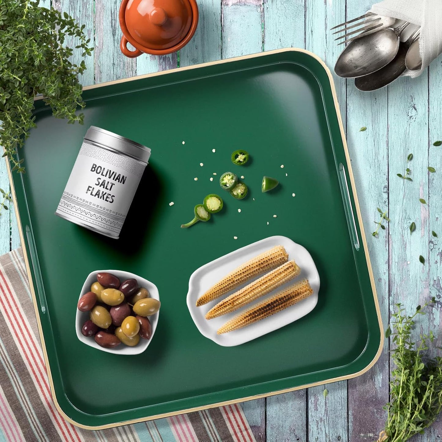 Green Square Decorative Tray with Handles, 13"*13" Versatile Serving Tray for Coffee Table, Ottoman, Ideal for Serving, Displaying, Organizing