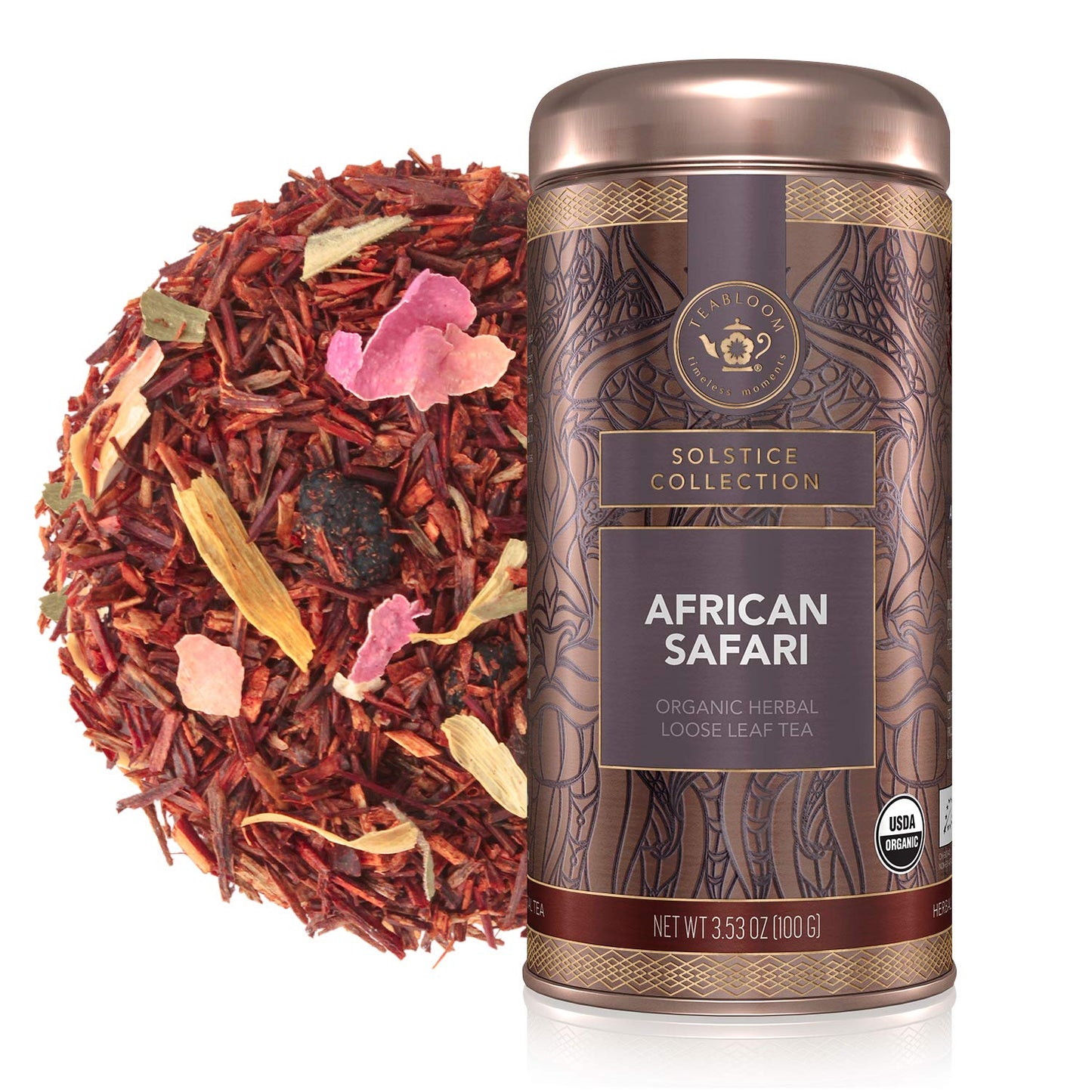 Teabloom Organic Herbal Tea, African Safari Loose Leaf Tea, Sweet Rooibos Blend with Berry Flavors and Vanilla, USDA Certified Organic, Fresh Whole Leaf Blend in Reusable Gift Canister, 3.53 oz/100 g Canister Makes 35-50 Cups
