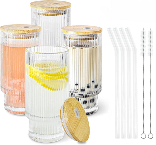 4 Pcs 11 oz Drinking Glasses Cups Set with Bamboo Lids Straws Brush Ribbed Vintage Glassware Set for Tea Iced Coffee Beer Cocktail Whiskey(Ribbed*4)